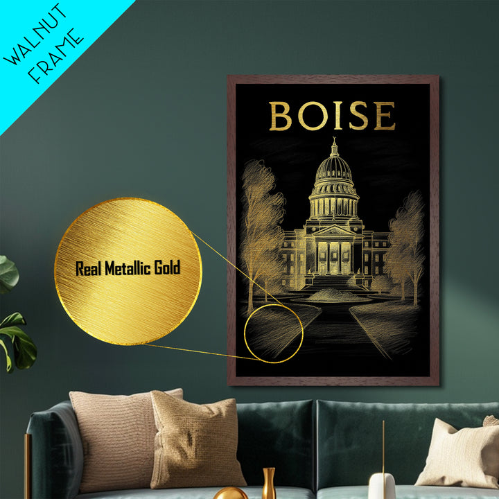 Boise Idaho travel, Metallic Gold Print, Modern House Art, Metal Art, Wood Framed Art, Wanderlust Gift, Travel Art Prints