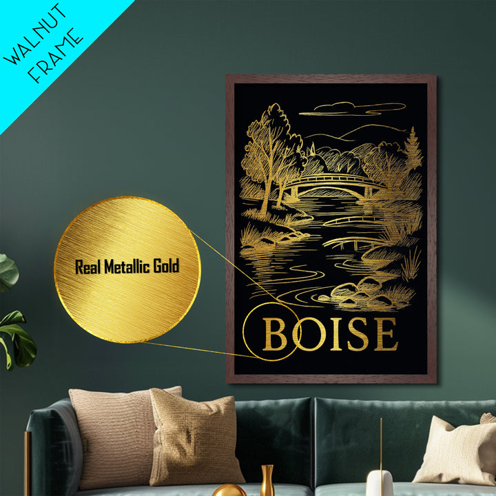 Boise Idaho art, Metallic Gold Art, Travel Art Prints, Metal Art, Wood Framed Art, Adventure Lover Gift, Traveler Gift