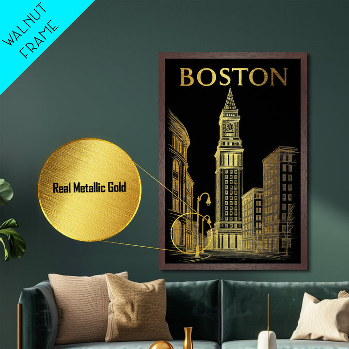 Boston Massachusetts travel, Metallic Gold Print, Modern House Art, Metal Art, Wood Framed Art, Traveler Gift, Destination Gift