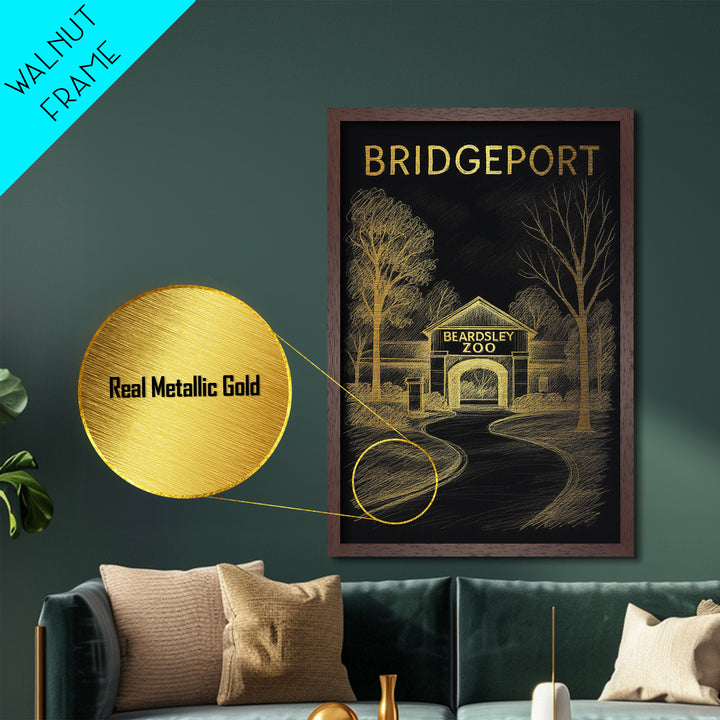 Bridgeport Connecticut travel, Metallic Gold Print, Modern Skyline Wall Print, Metal Art, Wood Framed Art, Adventure Lover Gift, Travel Gift