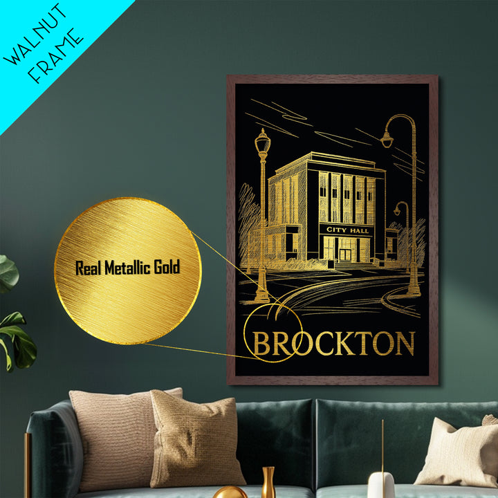 Brockton Massachusetts art, Metallic Gold Art, Office Decor, Metal Art, Wood Framed Art, Graduation Travel Gift, Destination Gift