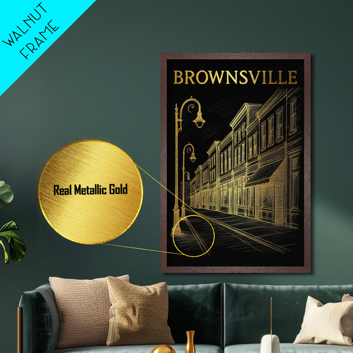 Brownsville Texas travel, Metallic Gold Print, Modern House Art, Metal Art, Wood Framed Art, Traveler Gift, Destination Gift
