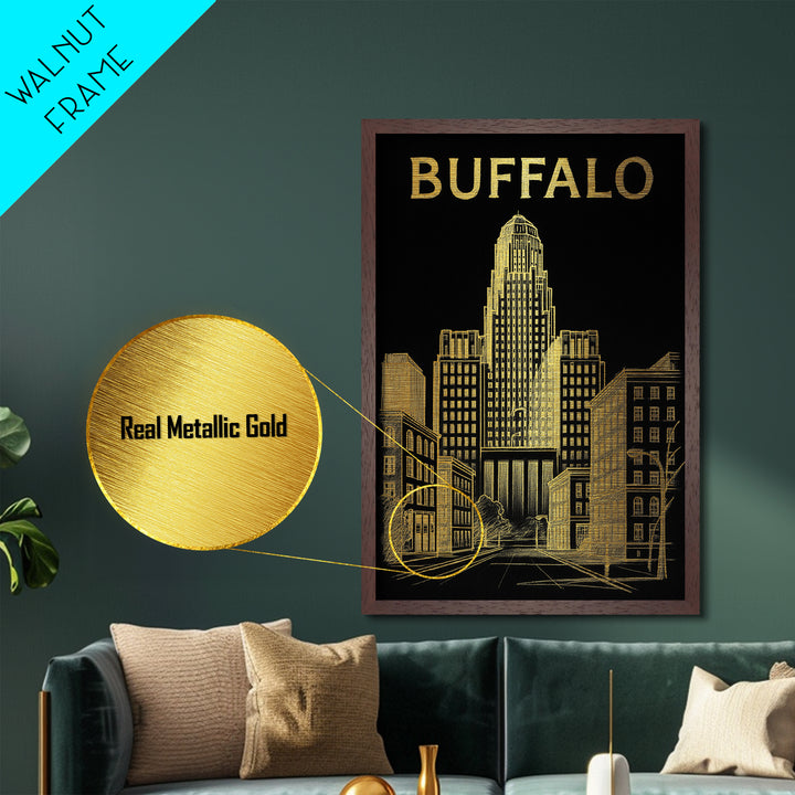 Buffalo New York travel, Metallic Gold Print, Modern Skyline Wall Print, Metal Art, Wood Framed Art, Adventure Lover Gift, Travel Gift