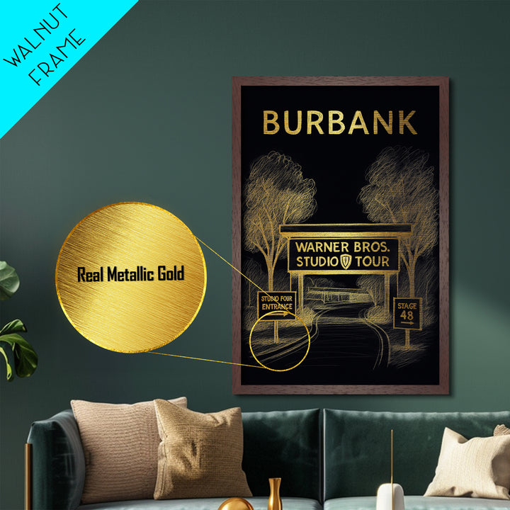 Burbank California travel, Metallic Gold Print, Closing Gift, Metal Art, Wood Framed Art, Anniversary Travel Gift, Retirement Travel Gift