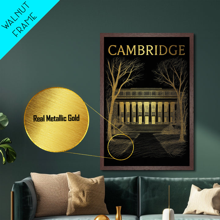 Cambridge Massachusetts travel, Metallic Gold Print, Modern House Art, Metal Art, Wood Framed Art, Wanderlust Gift, Travel Art Prints
