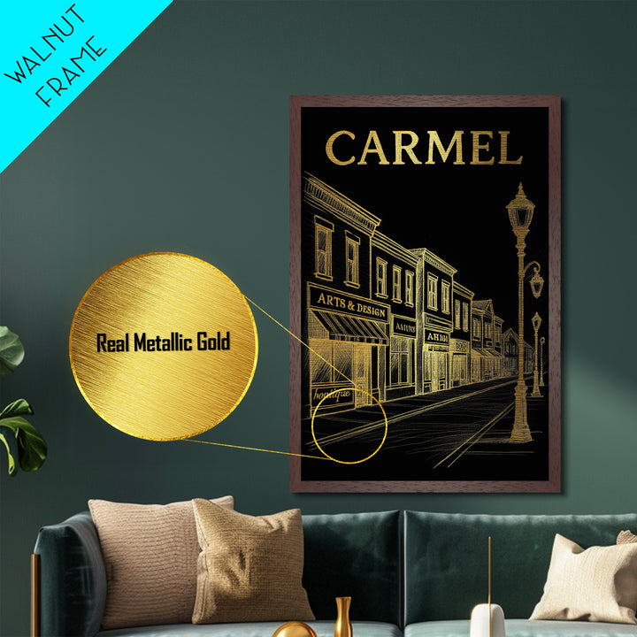 Carmel Indiana travel, Metallic Gold Print, Modern Skyline Wall Print, Metal Art, Wood Framed Art, Adventure Lover Gift, Travel Gift