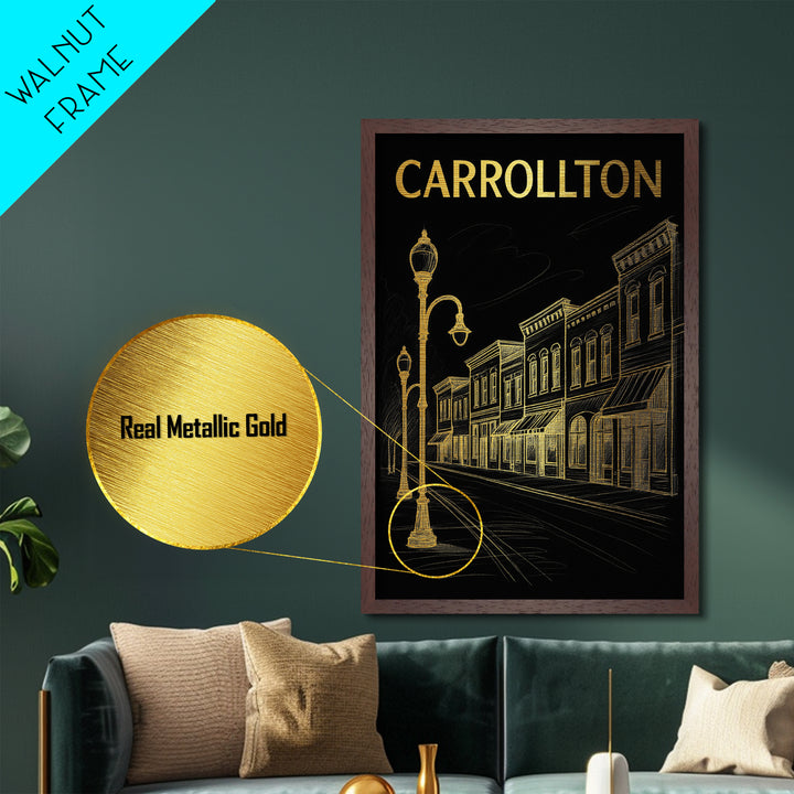 Carrollton Texas travel, Metallic Gold Print, Closing Gift, Metal Art, Wood Framed Art, Anniversary Travel Gift, Retirement Travel Gift