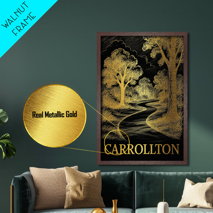 Carrollton Texas art, Metallic Gold Art, Office Decor, Metal Art, Wood Framed Art, Graduation Travel Gift, Destination Gift