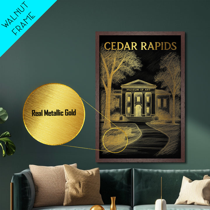 Cedar Rapids Iowa travel, Metallic Gold Print, Modern House Art, Metal Art, Wood Framed Art, Traveler Gift, Destination Gift