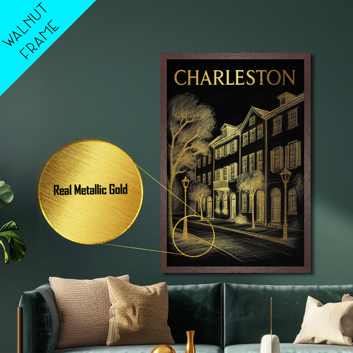 Charleston South Carolina travel, Metallic Gold Print, Closing Gift, Metal Art, Wood Framed Art, Anniversary Travel Gift, Traveler Gift