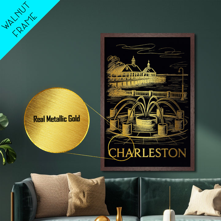 Charleston South Carolina art, Metallic Gold Art, Office Decor, Metal Art, Wood Framed Art, Graduation Travel Gift, Destination Gift