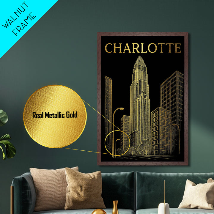 Charlotte North Carolina travel, Metallic Gold Print, Modern House Art, Metal Art, Wood Framed Art, Wanderlust Gift, Travel Art Prints