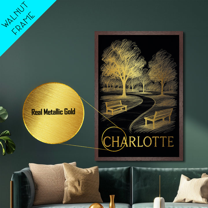 Charlotte North Carolina art, Metallic Gold Art, Travel Art Prints, Metal Art, Wood Framed Art, Wanderlust Gift, Adventure Lover Gift