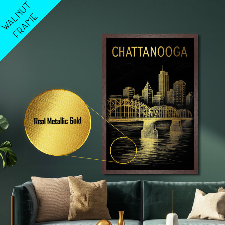 Chattanooga Tennessee travel, Metallic Gold Print, Modern House Art, Metal Art, Wood Framed Art, Traveler Gift, Destination Gift