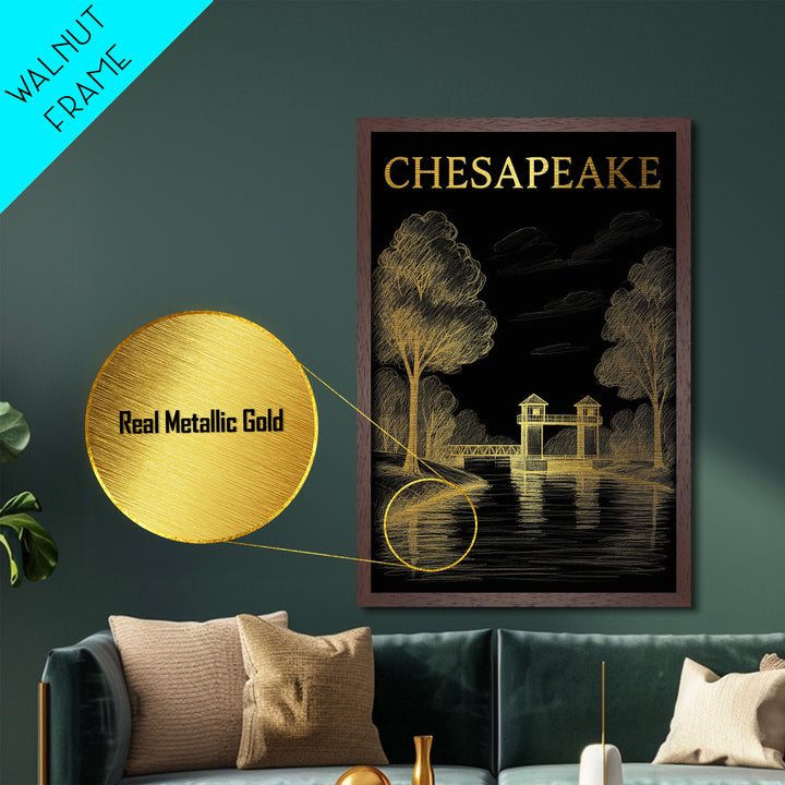 Chesapeake Virginia travel, Metallic Gold Print, College Dorm Décor, Metal Art, Wood Framed Art, Graduation Travel Gift, Traveler Gift
