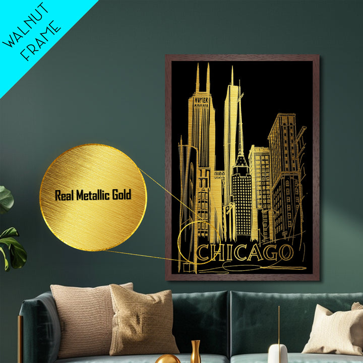 Chicago Illinois travel, Metallic Gold Print, Modern Skyline Wall Print, Metal Art, Wood Framed Art, Adventure Lover Gift, Travel Gift