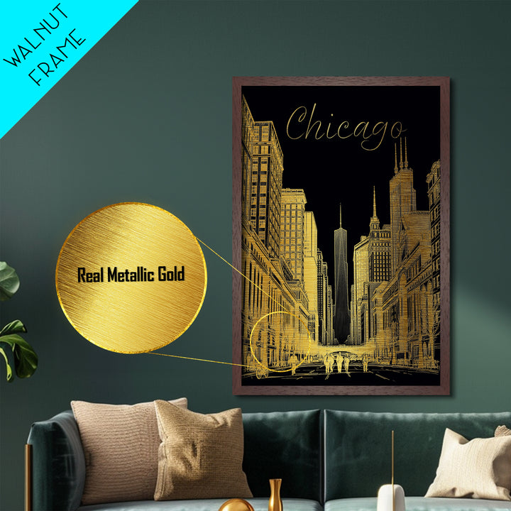 Chicago Illinois art, Metallic Gold Art, Housewarming Gift, Metal Art, Wood Framed Art, Newlywed Travel Gift, Honeymoon Gift