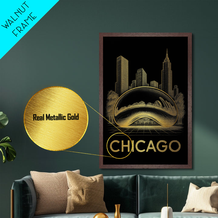 Chicago Illinois travel, Metallic Gold Print, Modern Skyline Wall Print, Metal Art, Wood Framed Art, Anniversary Travel Gift, Traveler Gift