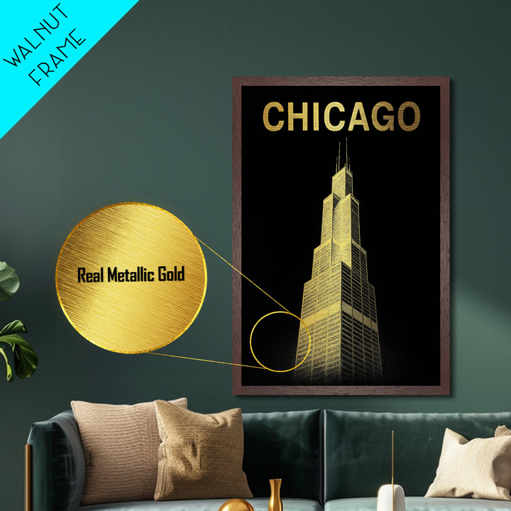 Chicago Illinois art, Metallic Gold Art, Office Decor, Metal Art, Wood Framed Art, Graduation Travel Gift, Destination Gift