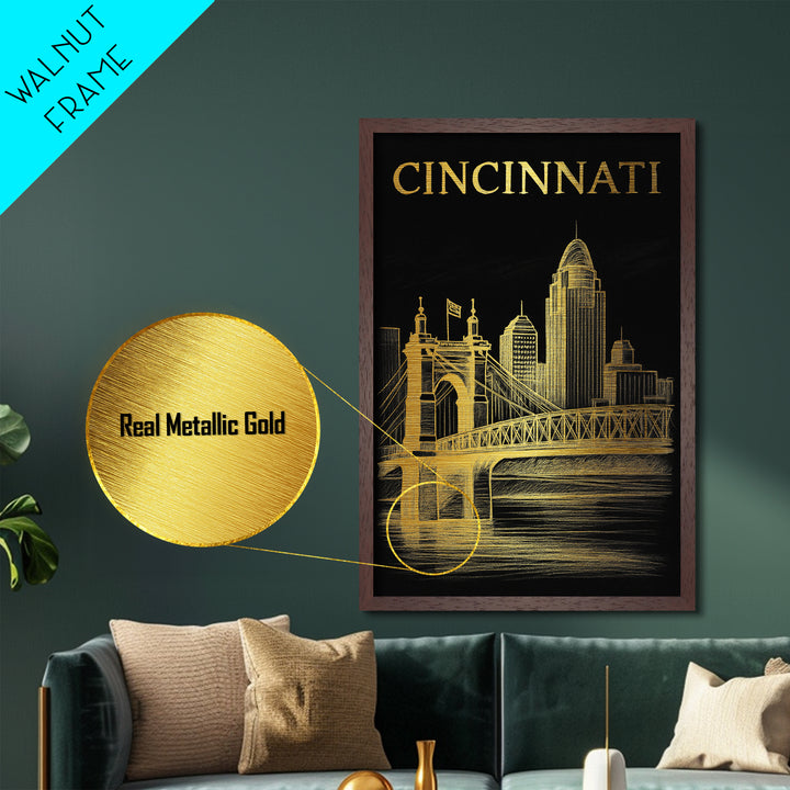 Cincinnati Ohio travel, Metallic Gold Print, Modern House Art, Metal Art, Wood Framed Art, Wanderlust Gift, Travel Art Prints