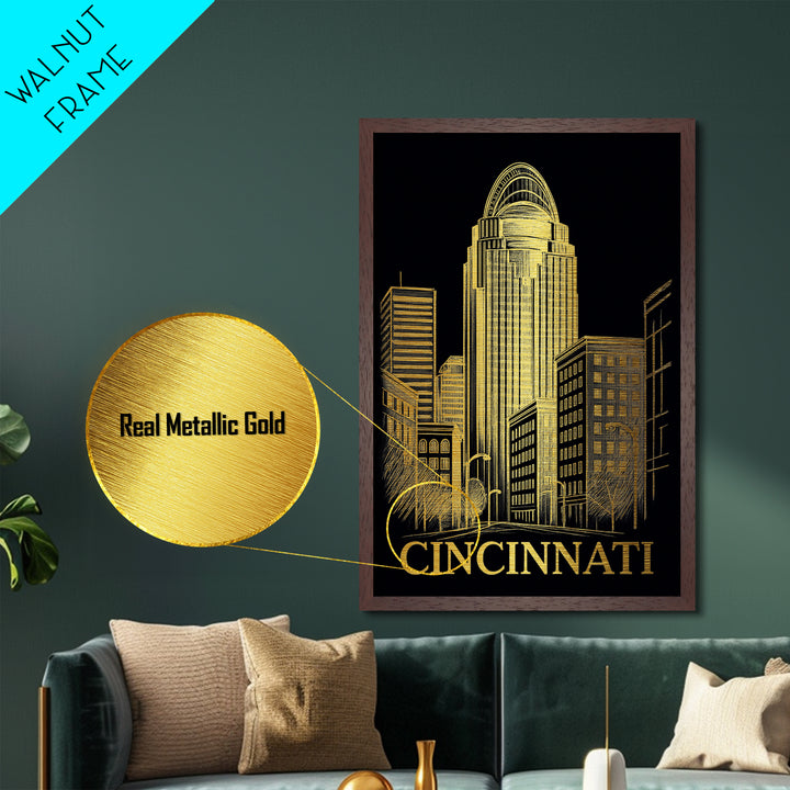 Cincinnati Ohio art, Metallic Gold Art, Travel Art Prints, Metal Art, Wood Framed Art, Adventure Lover Gift, Traveler Gift