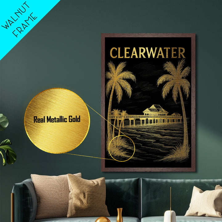 Clearwater Florida travel, Metallic Gold Print, College Dorm Décor, Metal Art, Wood Framed Art, Graduation Travel Gift, Traveler Gift