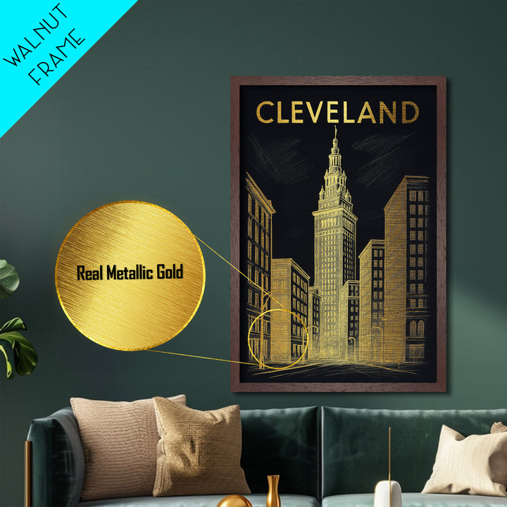 Cleveland Ohio travel, Metallic Gold Print, Modern Skyline Wall Print, Metal Art, Wood Framed Art, Adventure Lover Gift, Travel Gift