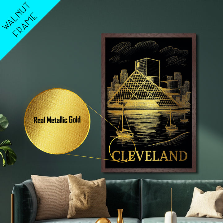 Cleveland Ohio art, Metallic Gold Art, Housewarming Gift, Metal Art, Wood Framed Art, Newlywed Travel Gift, Honeymoon Gift