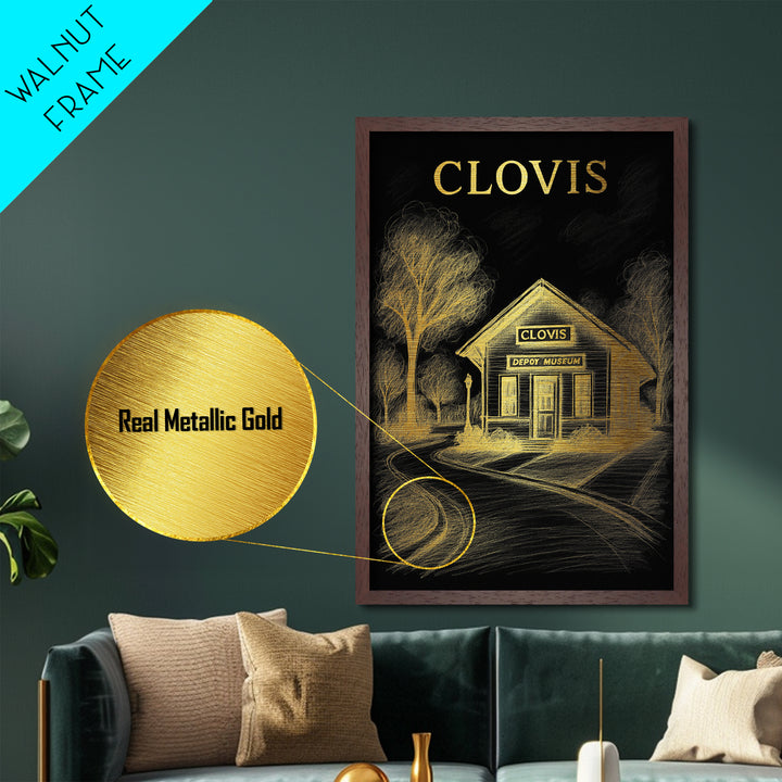 Clovis California travel, Metallic Gold Print, Modern House Art, Metal Art, Wood Framed Art, Traveler Gift, Destination Gift
