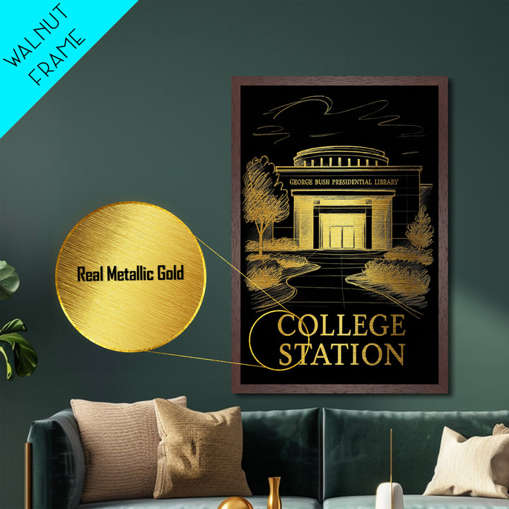 College Station Texas art, Metallic Gold Art, Best Friend Gifts, Metal Art, Wood Framed Art, Birthday Travel Gift, Destination Gift