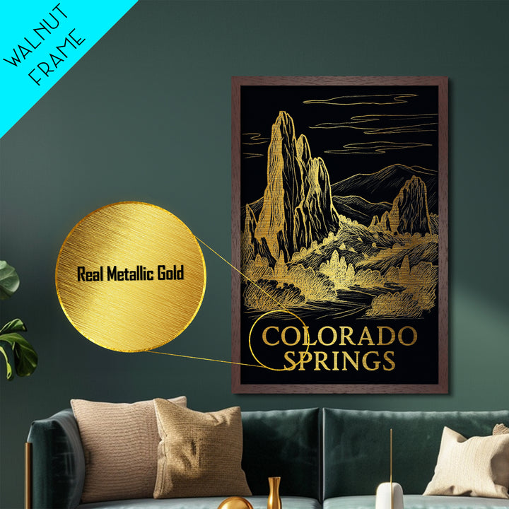 Colorado Springs Colorado art, Metallic Gold Art, Travel Art Prints, Metal Art, Wood Framed Art, Adventure Lover Gift, Traveler Gift