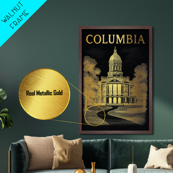 Columbia Missouri art, Metallic Gold Art, Modern House Art, Metal Art, Wood Framed Art, Graduation Travel Gift, Travel Gift