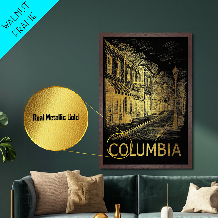 Columbia South Carolina travel, Metallic Gold Print, Modern Skyline Wall Print, Metal Art, Wood Framed Art, Adventure Lover Gift