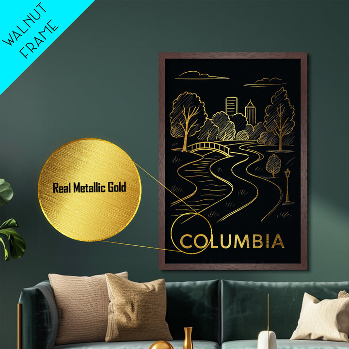 Columbia South Carolina art, Metallic Gold Art, Housewarming Gift, Metal Art, Wood Framed Art, Newlywed Travel Gift, Honeymoon Gift