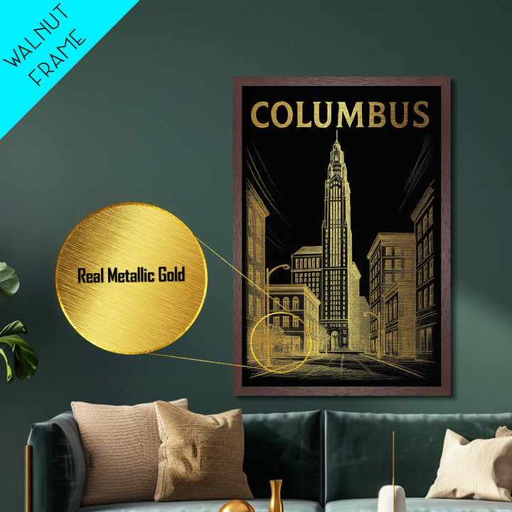Columbus Georgia travel, Metallic Gold Print, College Dorm Décor, Metal Art, Wood Framed Art, Graduation Travel Gift, Traveler Gift