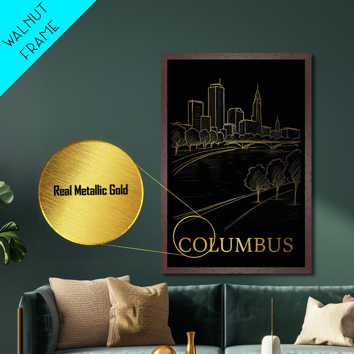 Columbus Ohio art, Metallic Gold Art, Housewarming Gift, Metal Art, Wood Framed Art, Newlywed Travel Gift, Honeymoon Gift
