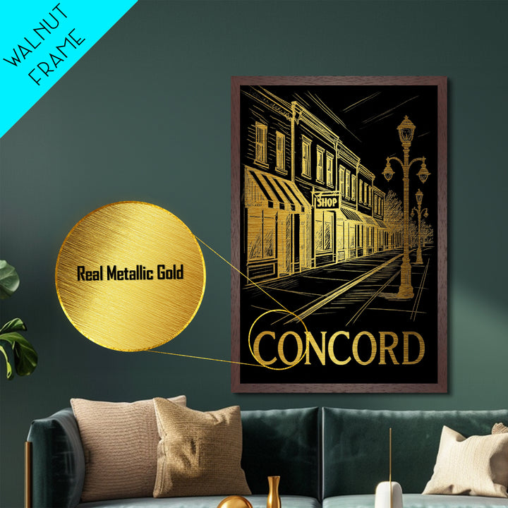 Concord North Carolina travel, Metallic Gold Print, Closing Gift, Metal Art, Wood Framed Art, Anniversary Travel Gift, Retirement Gift