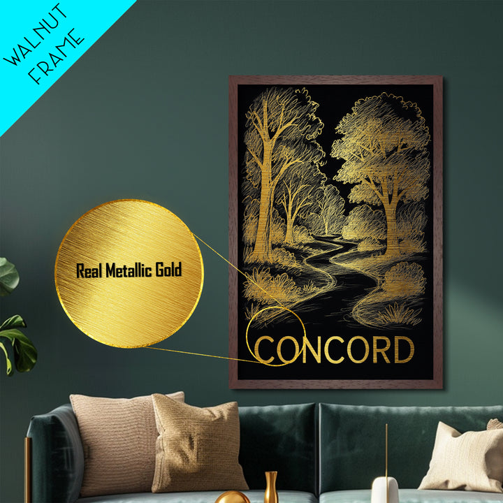 Concord North Carolina art, Metallic Gold Art, Office Decor, Metal Art, Wood Framed Art, Graduation Travel Gift, Destination Gift