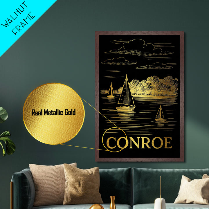 Conroe Texas art, Metallic Gold Art, Travel Art Prints, Metal Art, Wood Framed Art, Adventure Lover Gift, Traveler Gift