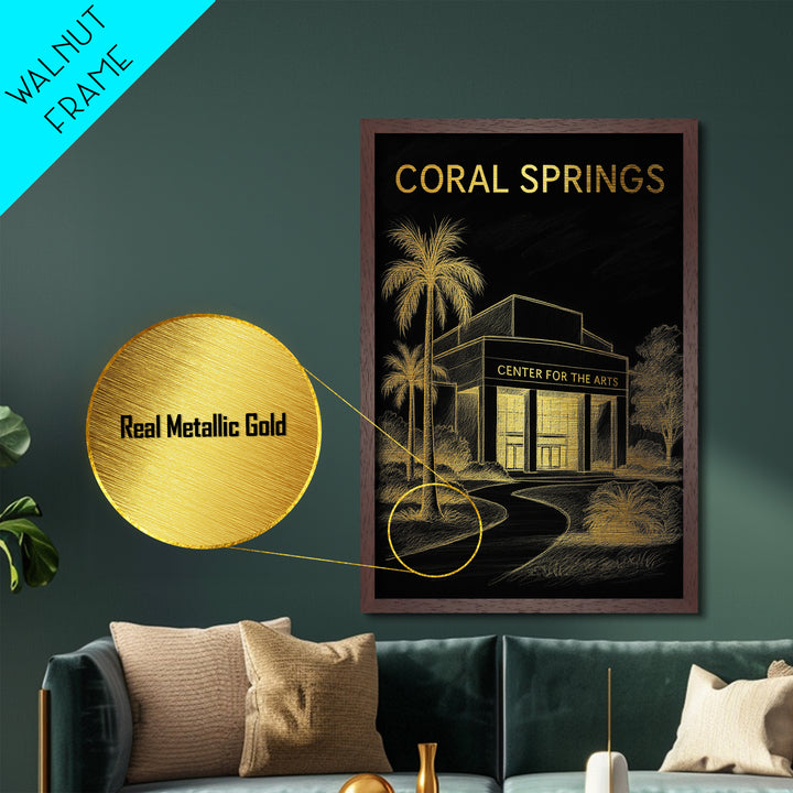 Coral Springs Florida travel, Metallic Gold Print, Modern House Art, Metal Art, Wood Framed Art, Wanderlust Gift, Travel Art Prints