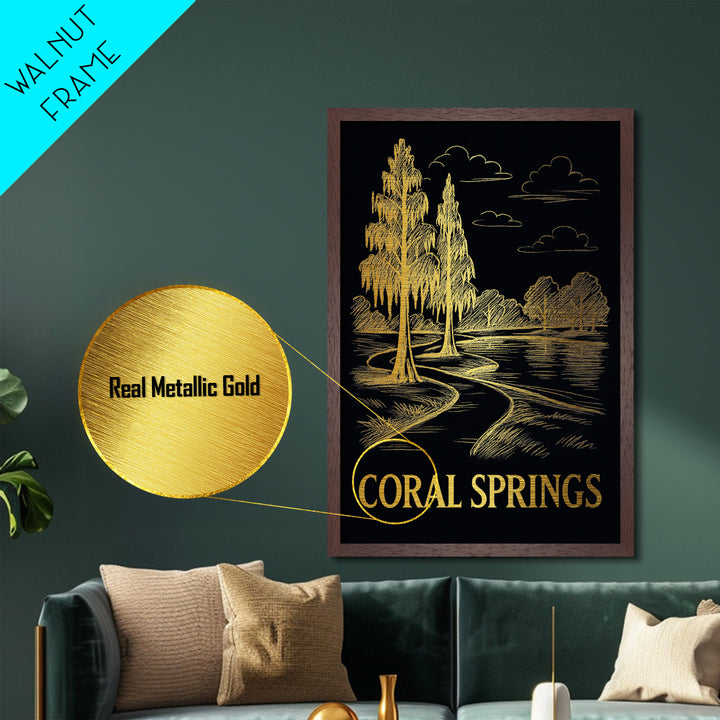 Coral Springs Florida art, Metallic Gold Art, Travel Art Prints, Metal Art, Wood Framed Art, Adventure Lover Gift, Traveler Gift
