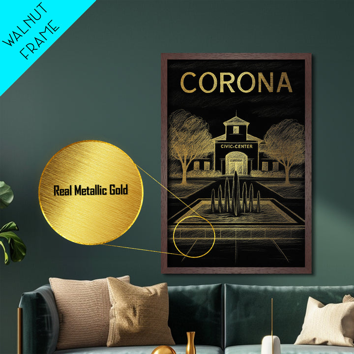 Corona California travel, Metallic Gold Print, Modern House Art, Metal Art, Wood Framed Art, Traveler Gift, Destination Gift