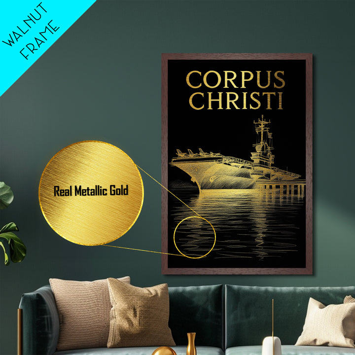 Corpus Christi Texas travel, Metallic Gold Print, College Dorm Décor, Metal Art, Wood Framed Art, Graduation Travel Gift, Traveler Gift