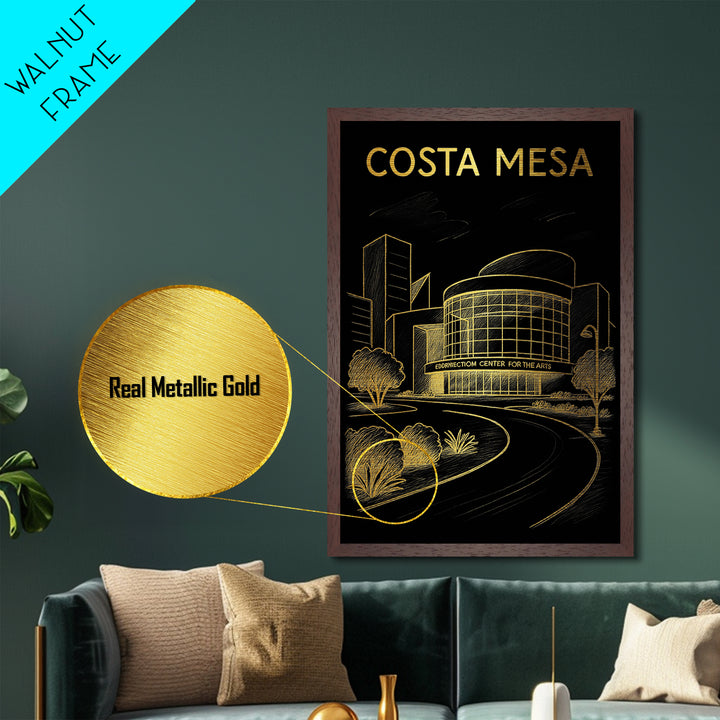 Costa Mesa California travel, Metallic Gold Print, Modern Skyline Wall Print, Metal Art, Wood Framed Art, Adventure Lover Gift, Travel Gift