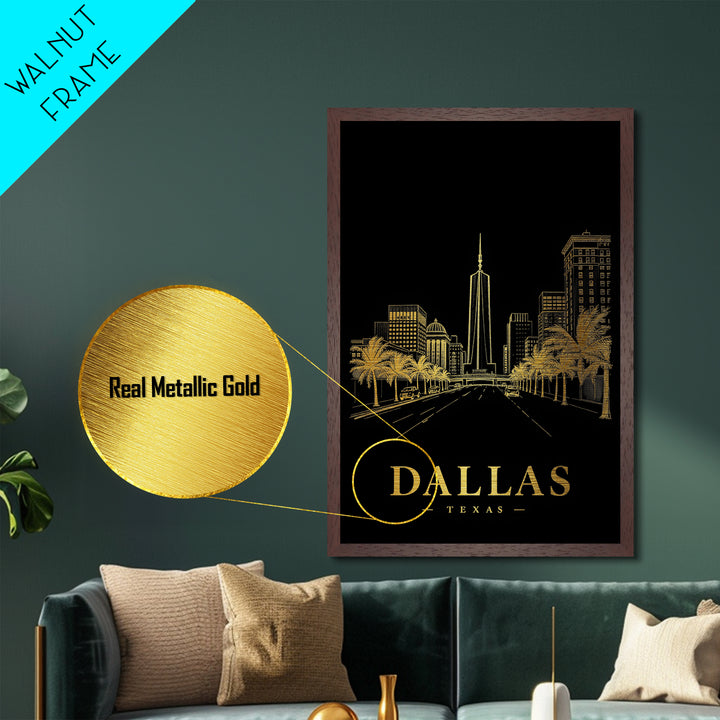 Dallas Texas travel, Metallic Gold Print, Closing Gift, Metal Art, Wood Framed Art, Anniversary Travel Gift, Retirement Travel Gift