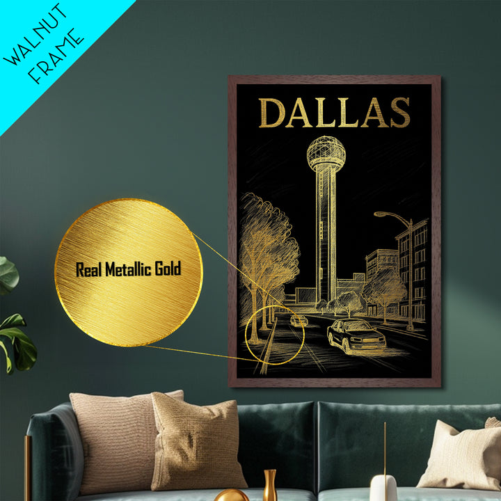 Dallas Texas travel, Metallic Gold Print, Modern House Art, Metal Art, Wood Framed Art, Traveler Gift, Destination Gift