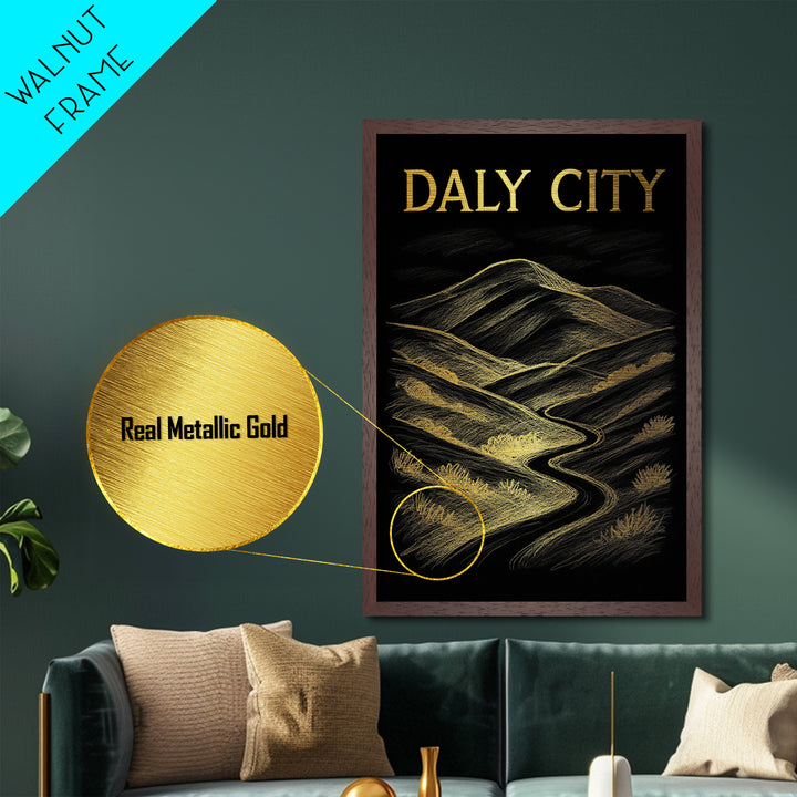 Daly City California travel, Metallic Gold Print, Modern House Art, Metal Art, Wood Framed Art, Wanderlust Gift, Travel Art Prints