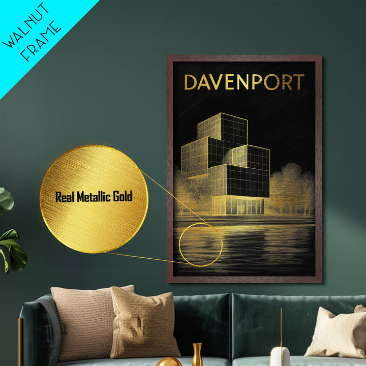 Davenport Iowa travel, Metallic Gold Print, Modern House Art, Metal Art, Wood Framed Art, Traveler Gift, Destination Gift