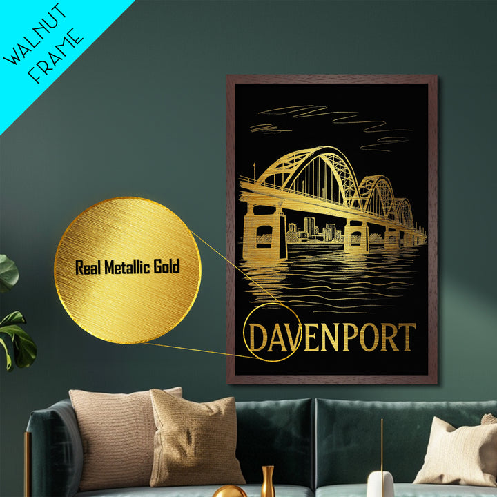 Davenport Iowa art, Metallic Gold Art, Modern House Art, Metal Art, Wood Framed Art, Graduation Travel Gift, Travel Gift