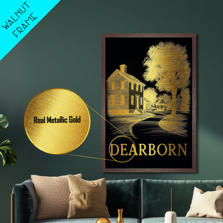 Dearborn Michigan travel, Metallic Gold Print, Modern House Art, Metal Art, Wood Framed Art, Traveler Gift, Destination Gift